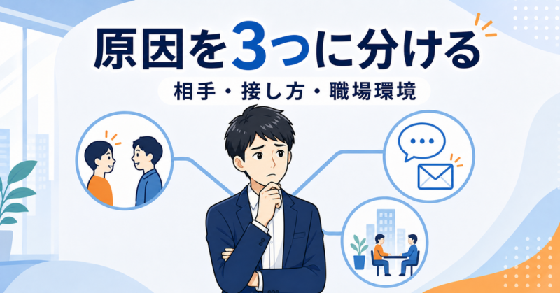 職場の人間関係がうまくいかない原因を相手・接し方・職場環境に分ける図