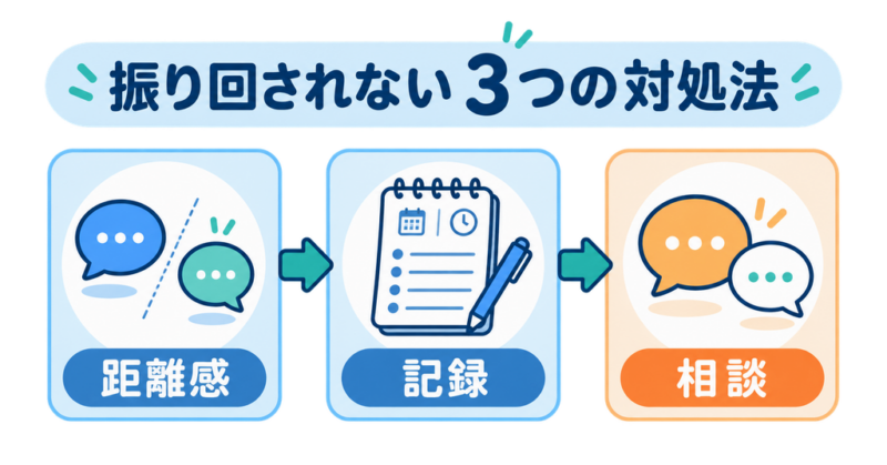 距離感、記録、相談の3つの対処法を示す図解