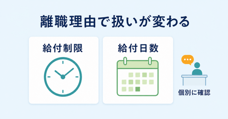 離職理由により失業給付の給付制限や給付日数が変わることを示す図解