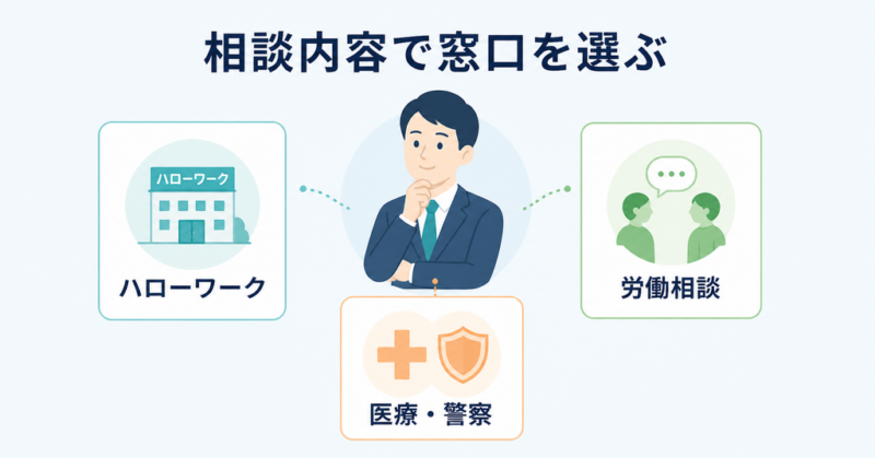 退職前後の相談内容に応じてハローワーク・労働相談・医療や警察を選ぶ図解