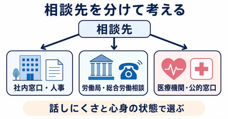社内窓口、労働局、医療機関など相談先の選び方を示す図解