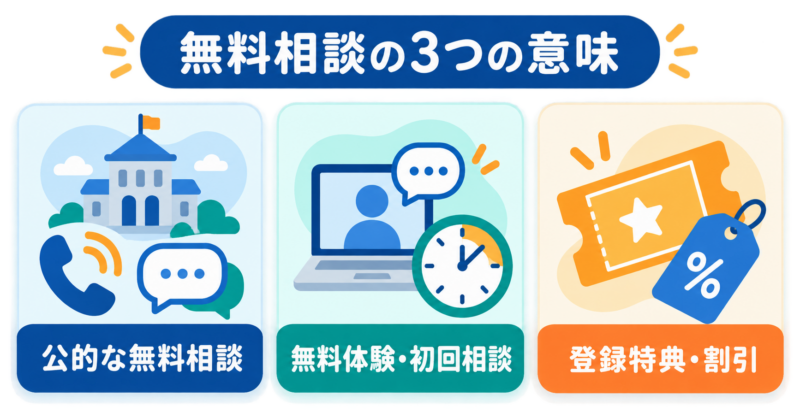 公的な無料相談・無料体験や初回相談・登録特典や割引の3分類