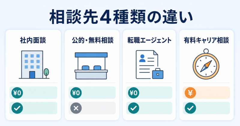 社内面談、公的無料相談、転職エージェント、有料キャリア相談の4種類を比較する図解