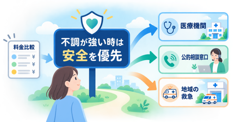 不調が強い時に医療機関・公的相談窓口・地域の救急を優先する安全導線