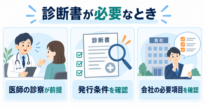 医師の診察、医療機関の発行条件、会社が求める項目という診断書の3つの確認点