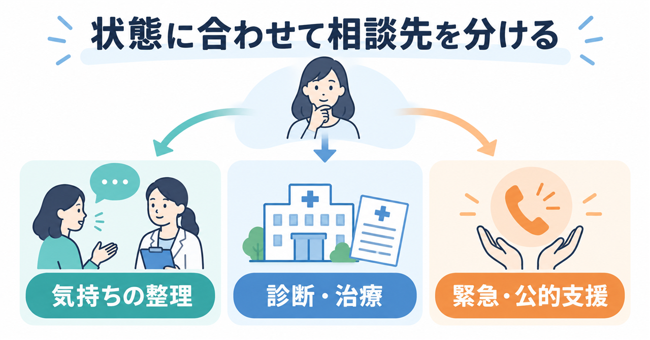 気持ちの整理・診断と治療・緊急と公的支援という3つの相談先の役割