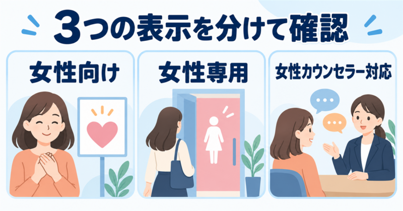 女性向け・女性専用・女性カウンセラー対応という3つの表示の違いを示す図解