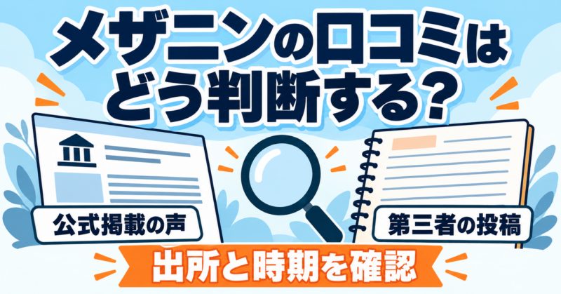 メザニンの口コミを公式掲載の声と第三者の投稿に分け、出所と時期を確認する図