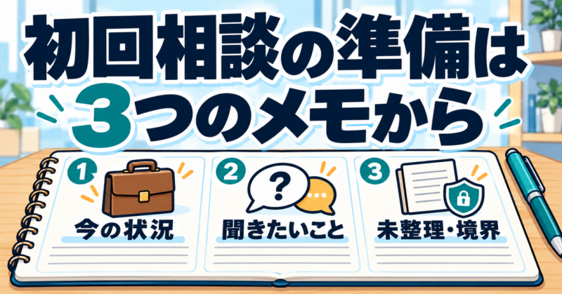 初回相談に向けて、今の状況・聞きたいこと・未整理や話したくないことを3つのメモに整理する図